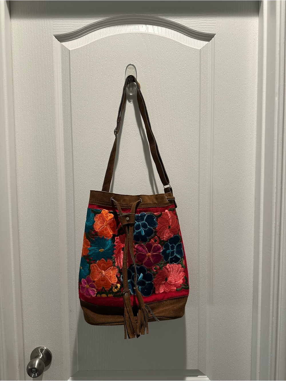 Embroidered Floral Bucket Bag - Brown with Multicolor Flowers